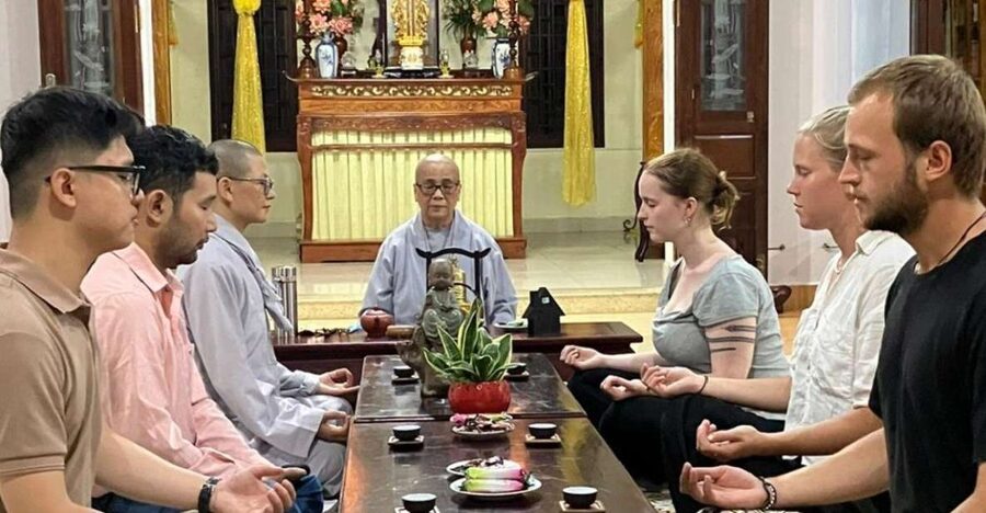 Hue Retreat: Tea and Meditation with Vegetarian Meal - Entering the pagoda and meeting Buddhist monastics