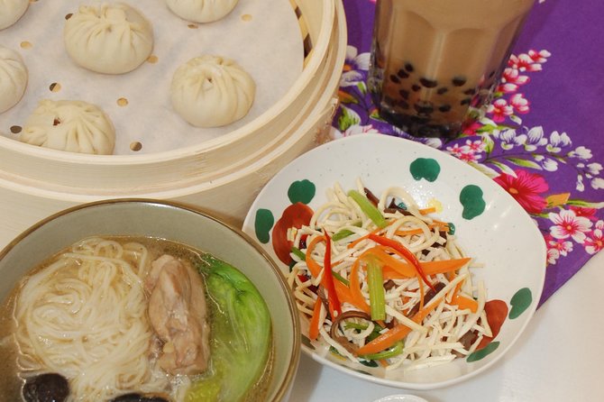 Taiwan Traditional Delicacies Experience, Xiao Long Bao, Chicken vermicelli with mushroom and sesame oil, Tofu strips salad, Bubble milk tea. - Why Xiao Long Bao is the main event