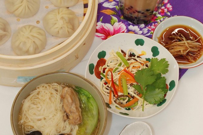 Xiao Long Bao, Chicken vermicelli with mushroom and sesame oil, Tofu strips salad, Bubble milk tea. Taiwan Traditional Delicacies Experience-A (Taipei Cooking Class) - Sun Yat Sen Memorial Hall, Taipei 101, and Songshan